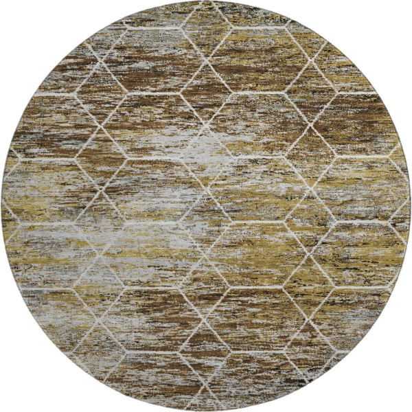 HomeRoots 8' Stylish Brown, Gold & Ivory Geometric Washable Round Rug with UV Protection for High-Traffic Areas 699175
