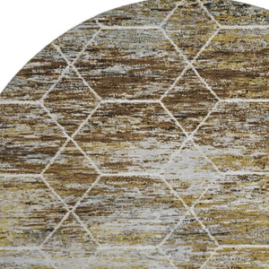 HomeRoots 8' Stylish Brown, Gold & Ivory Geometric Washable Round Rug with UV Protection for High-Traffic Areas 699175