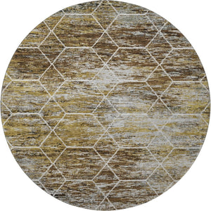 HomeRoots 8' Stylish Brown, Gold & Ivory Geometric Washable Round Rug with UV Protection for High-Traffic Areas 699175