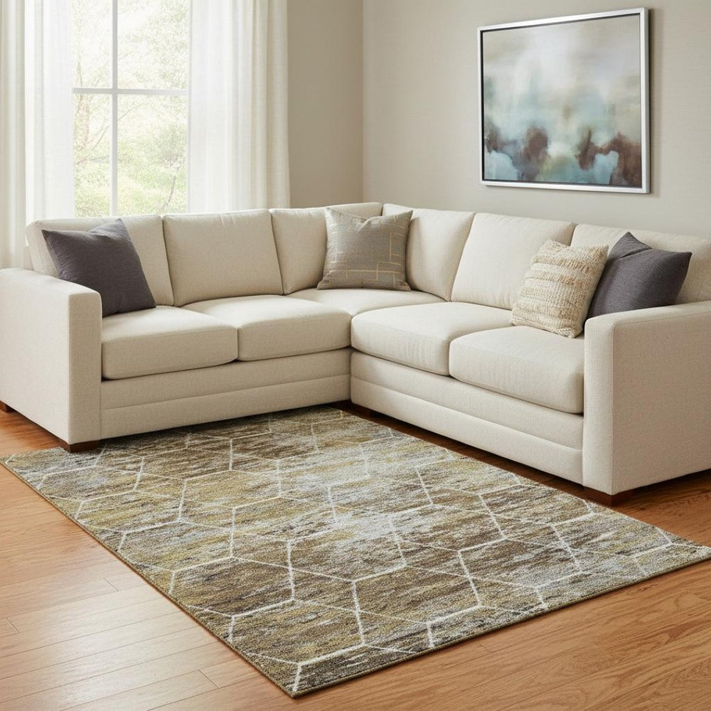 HomeRoots 8' X 10' Washable Geometric Area Rug in Brown, Gold & Ivory – UV Protected & Stain-Resistant Design 699176