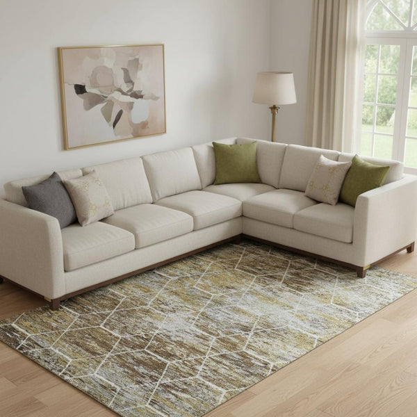 HomeRoots 9' X 12' Geometric Area Rug in Brown, Gold & Ivory – Washable, UV Resistant, Family-Friendly Design 699177