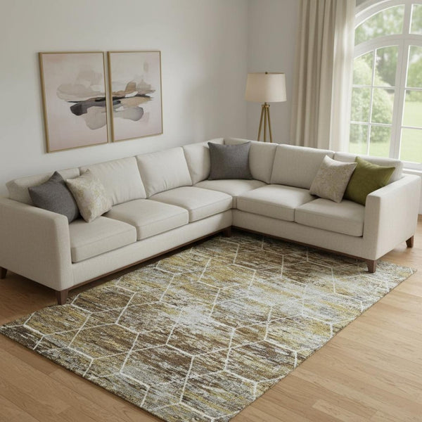 HomeRoots 10' X 14' Brown Gold Ivory Geometric Area Rug - Washable, Stain-Resistant, UV Protected for Homes 699178