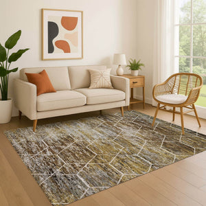 HomeRoots 10' X 14' Brown Gold Ivory Geometric Area Rug - Washable, Stain-Resistant, UV Protected for Homes 699178