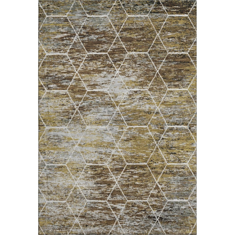 HomeRoots 10' X 14' Brown Gold Ivory Geometric Area Rug - Washable, Stain-Resistant, UV Protected for Homes 699178