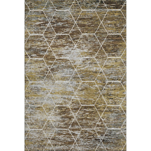 HomeRoots 10' X 14' Brown Gold Ivory Geometric Area Rug - Washable, Stain-Resistant, UV Protected for Homes 699178
