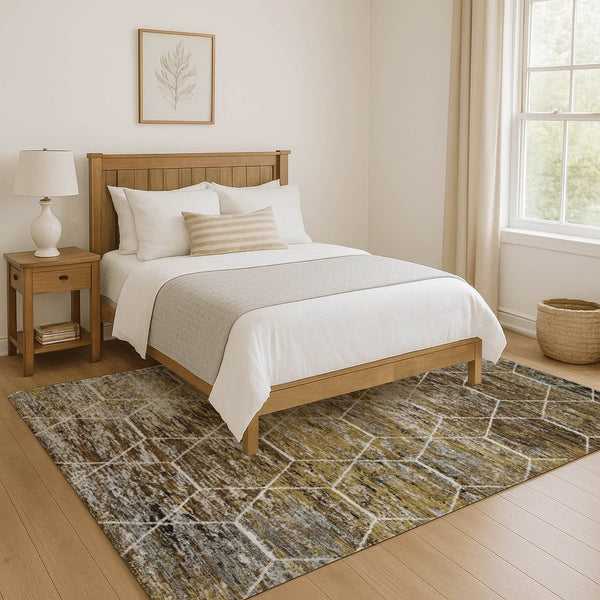 HomeRoots 10' X 14' Brown Gold Ivory Geometric Area Rug - Washable, Stain-Resistant, UV Protected for Homes 699178