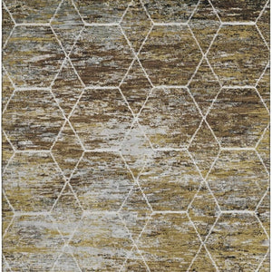HomeRoots 10' X 14' Brown Gold Ivory Geometric Area Rug - Washable, Stain-Resistant, UV Protected for Homes 699178