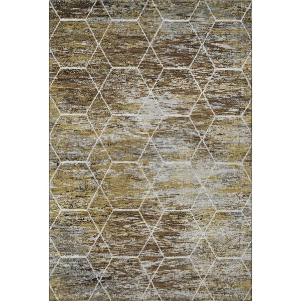 HomeRoots 10' X 14' Brown Gold Ivory Geometric Area Rug - Washable, Stain-Resistant, UV Protected for Homes 699178