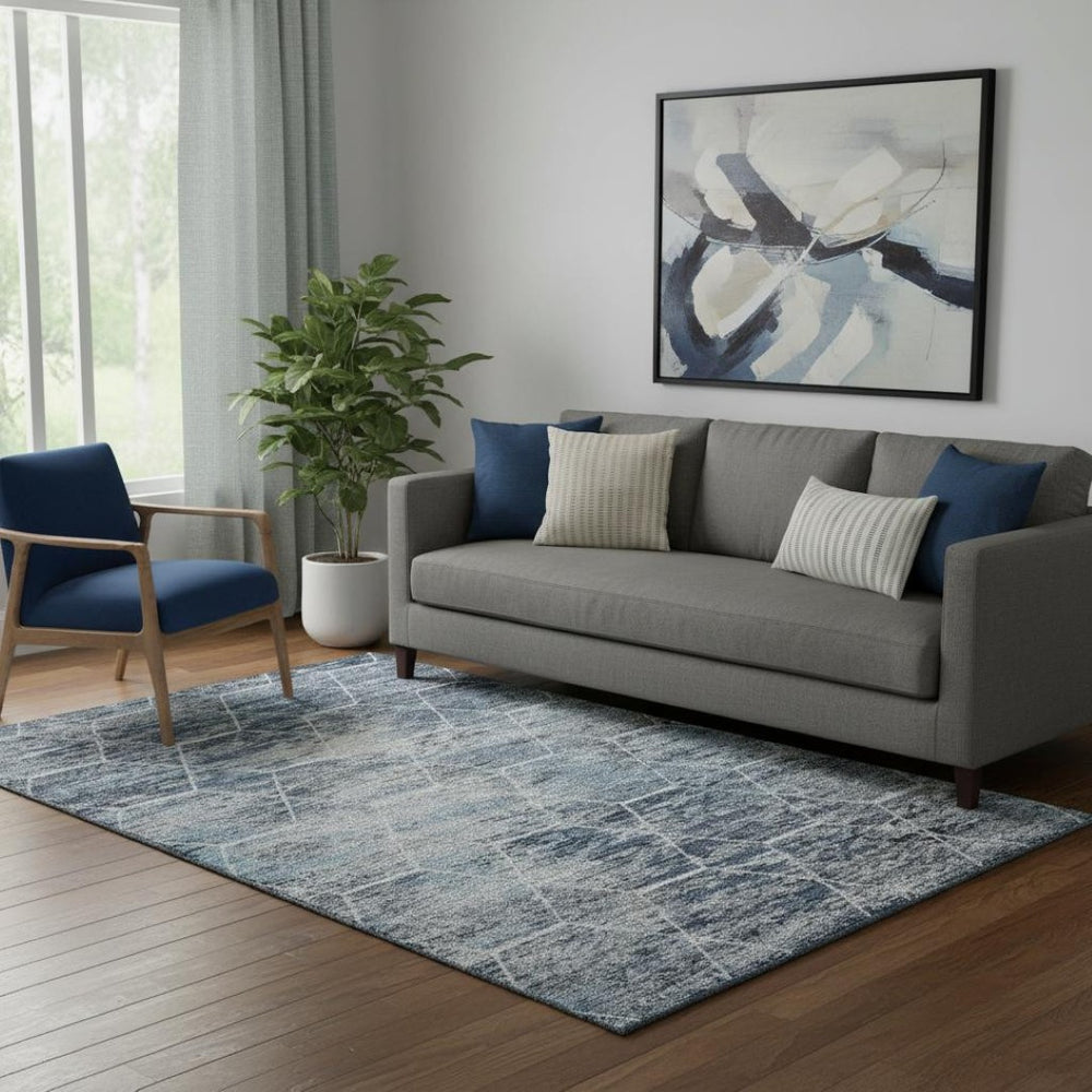 HomeRoots 5' X 8' Stylish Blue Ivory Gray Geometric Washable Area Rug - UV Protected & Stain-Resistant Design 699180