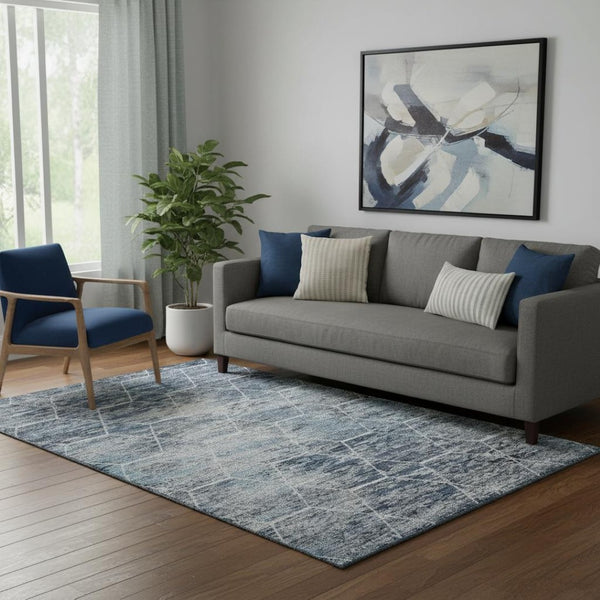 HomeRoots 5' X 8' Stylish Blue Ivory Gray Geometric Washable Area Rug - UV Protected & Stain-Resistant Design 699180