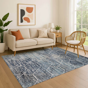 HomeRoots 5' X 8' Stylish Blue Ivory Gray Geometric Washable Area Rug - UV Protected & Stain-Resistant Design 699180