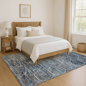 HomeRoots 5' X 8' Stylish Blue Ivory Gray Geometric Washable Area Rug - UV Protected & Stain-Resistant Design 699180