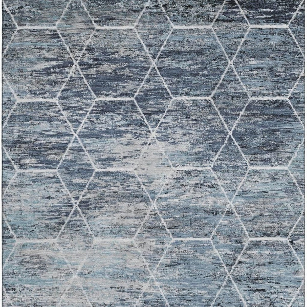 HomeRoots 5' X 8' Stylish Blue Ivory Gray Geometric Washable Area Rug - UV Protected & Stain-Resistant Design 699180