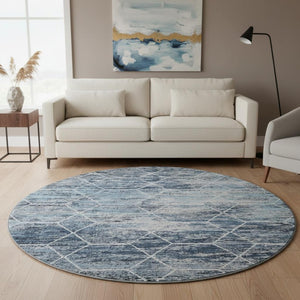 HomeRoots 8' Blue Ivory and Gray Geometric Round Rug - Washable, UV-Protected, Perfect for Homes with Kids & Pets 699181