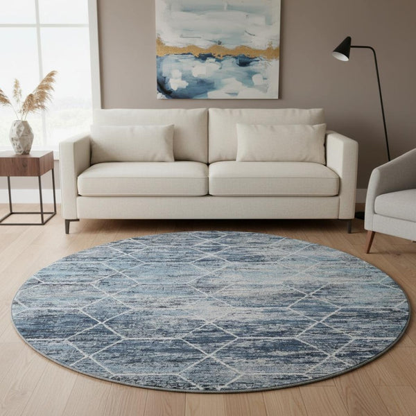 HomeRoots 8' Blue Ivory and Gray Geometric Round Rug - Washable, UV-Protected, Perfect for Homes with Kids & Pets 699181