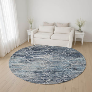HomeRoots 8' Blue Ivory and Gray Geometric Round Rug - Washable, UV-Protected, Perfect for Homes with Kids & Pets 699181