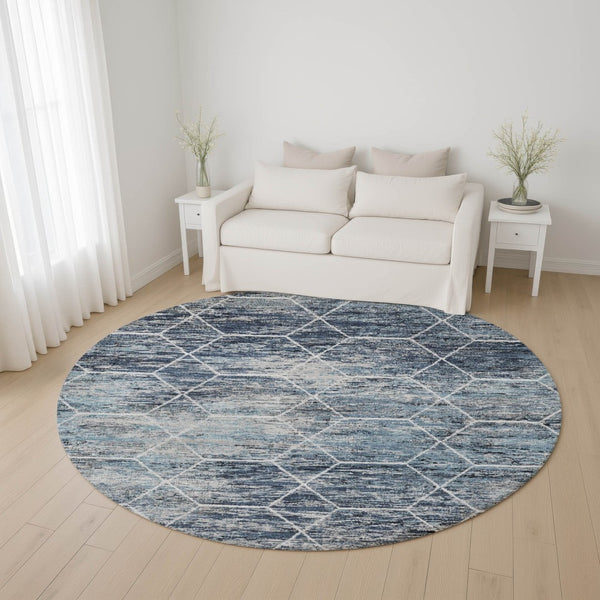 HomeRoots 8' Blue Ivory and Gray Geometric Round Rug - Washable, UV-Protected, Perfect for Homes with Kids & Pets 699181