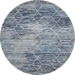 HomeRoots 8' Blue Ivory and Gray Geometric Round Rug - Washable, UV-Protected, Perfect for Homes with Kids & Pets 699181