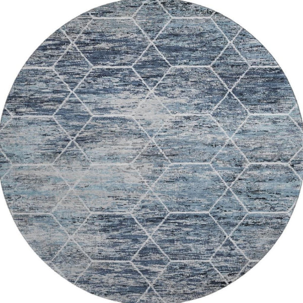 HomeRoots 8' Blue Ivory and Gray Geometric Round Rug - Washable, UV-Protected, Perfect for Homes with Kids & Pets 699181
