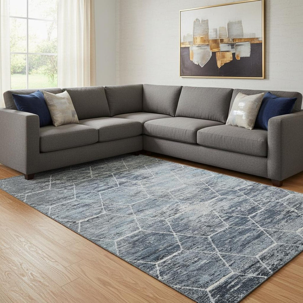 HomeRoots 8' X 10' Blue Ivory Gray Geometric Area Rug - Stylish, Washable, UV-Protected, Family-Friendly Decor 699182