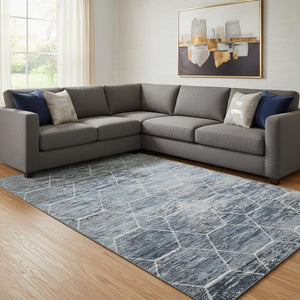 HomeRoots 8' X 10' Blue Ivory Gray Geometric Area Rug - Stylish, Washable, UV-Protected, Family-Friendly Decor 699182