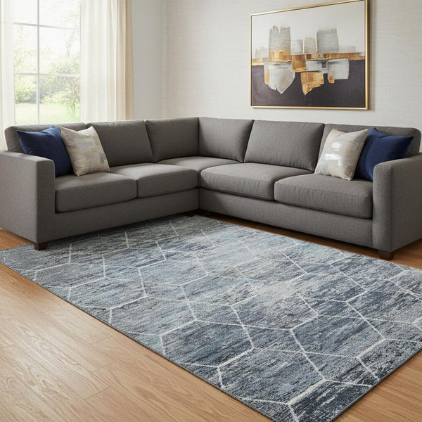 HomeRoots 8' X 10' Blue Ivory Gray Geometric Area Rug - Stylish, Washable, UV-Protected, Family-Friendly Decor 699182