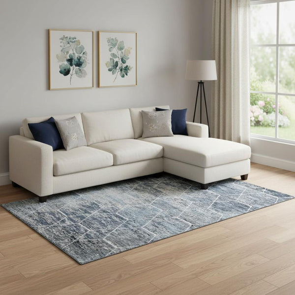 HomeRoots 9' X 12' Geometric Area Rug in Blue, Ivory & Gray - Washable, UV-Protected, and Stain Resistant Design 699183