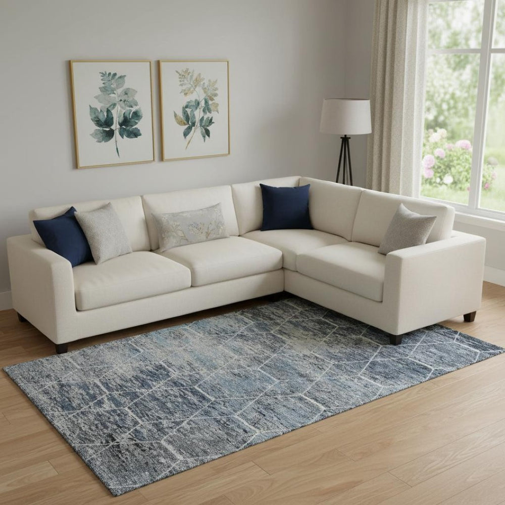HomeRoots 10' Blue, Ivory & Gray Geometric Washable Area Rug - Durable, UV-Protected, Ideal for Busy Homes! 699184