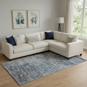 HomeRoots 10' Blue, Ivory & Gray Geometric Washable Area Rug - Durable, UV-Protected, Ideal for Busy Homes! 699184