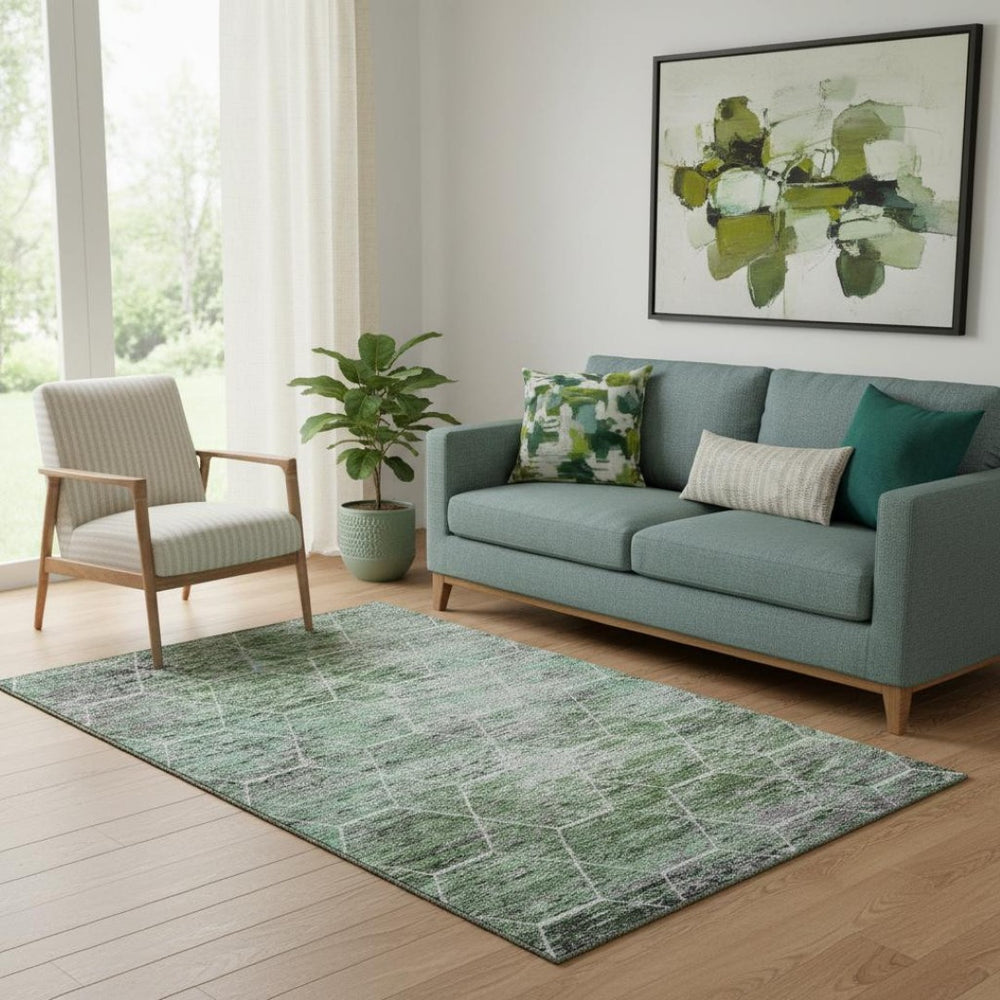 HomeRoots 5' X 8' Stylish Green Gray Ivory Geometric Washable Area Rug - UV Protected, Stain-Resistant & Durable 699186