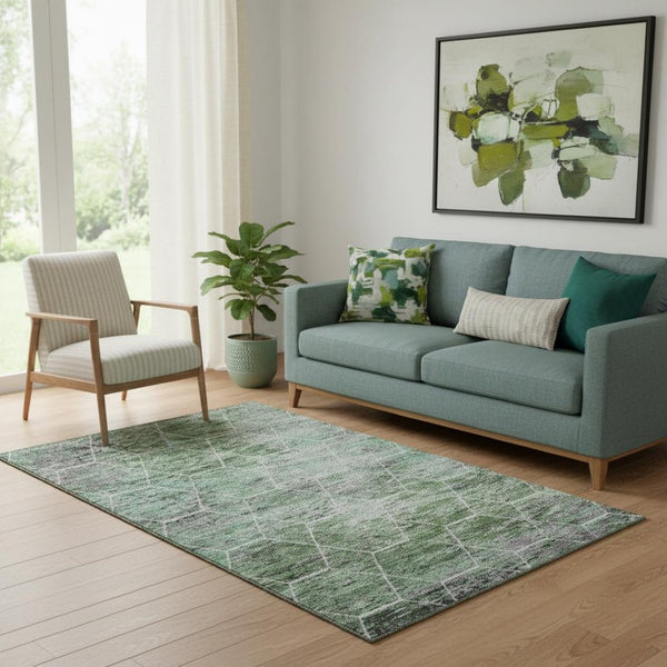 HomeRoots 5' X 8' Stylish Green Gray Ivory Geometric Washable Area Rug - UV Protected, Stain-Resistant & Durable 699186