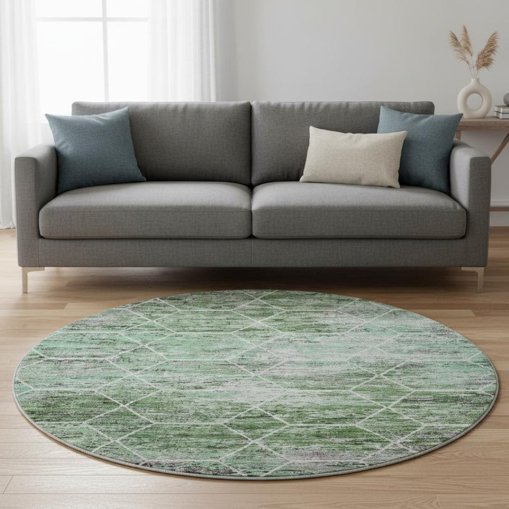 HomeRoots 8' Modern Green, Gray & Ivory Geometric Washable Round Rug with UV Protection for High-Traffic Areas 699187
