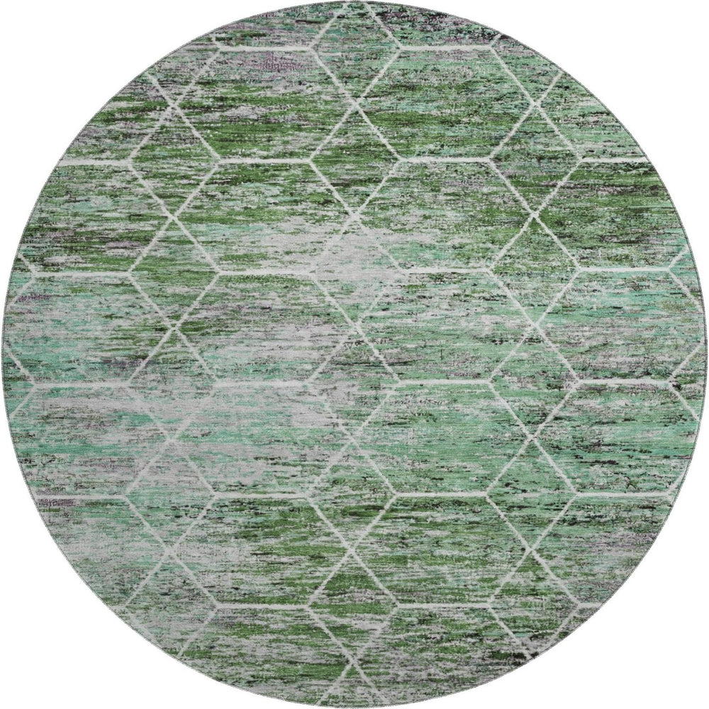 HomeRoots 8' Modern Green, Gray & Ivory Geometric Washable Round Rug with UV Protection for High-Traffic Areas 699187