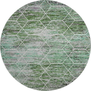 HomeRoots 8' Modern Green, Gray & Ivory Geometric Washable Round Rug with UV Protection for High-Traffic Areas 699187