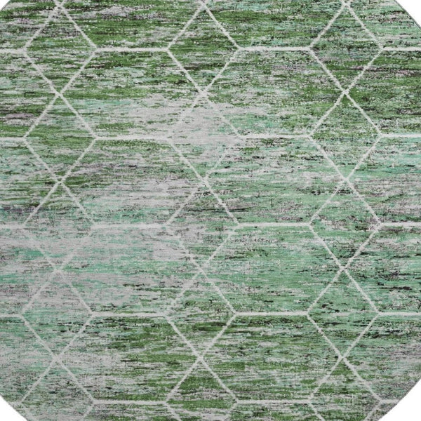 HomeRoots 8' Modern Green, Gray & Ivory Geometric Washable Round Rug with UV Protection for High-Traffic Areas 699187