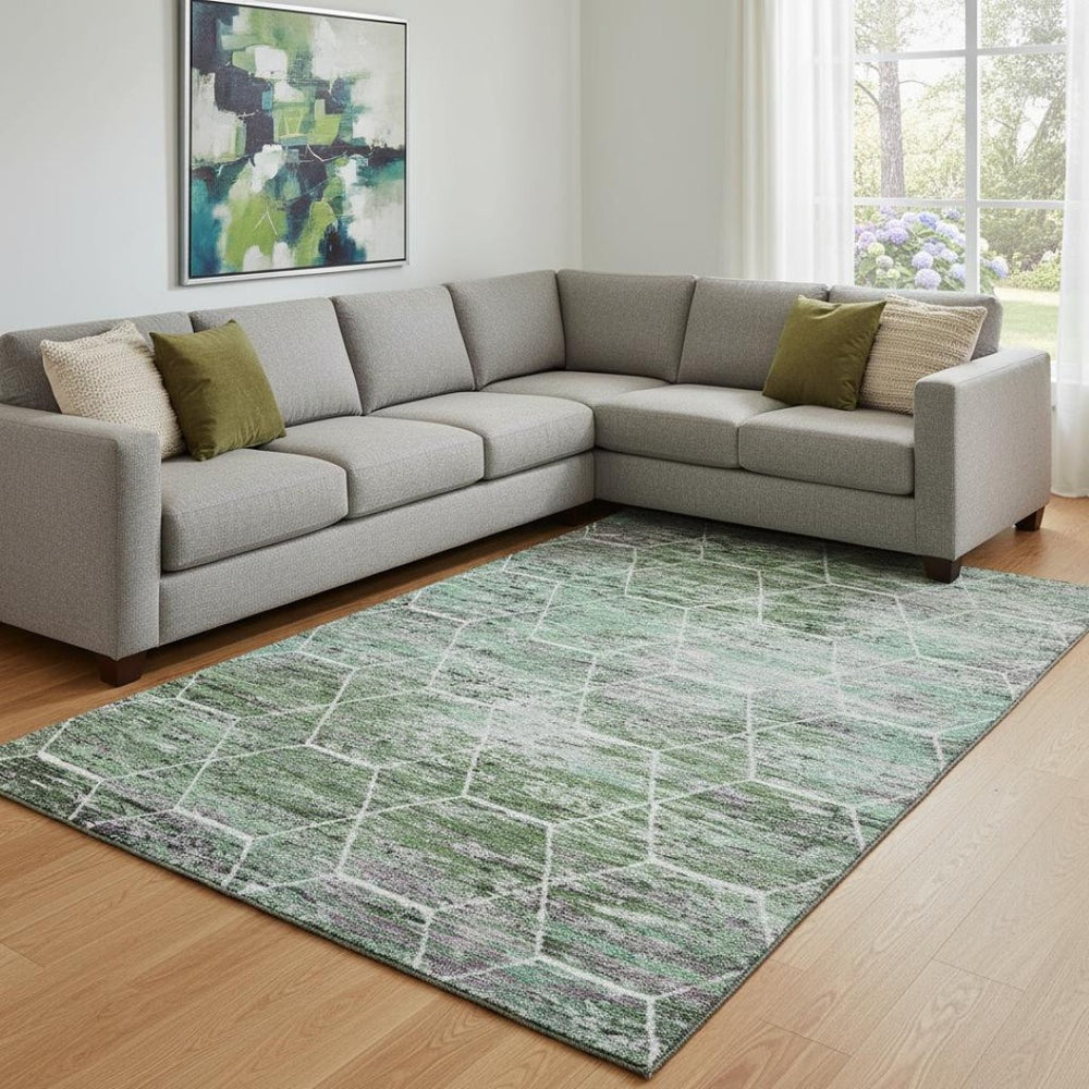 HomeRoots 8' X 10' Modern Geometric Washable Area Rug in Green, Gray & Ivory – UV Protected, Durable Design! 699188