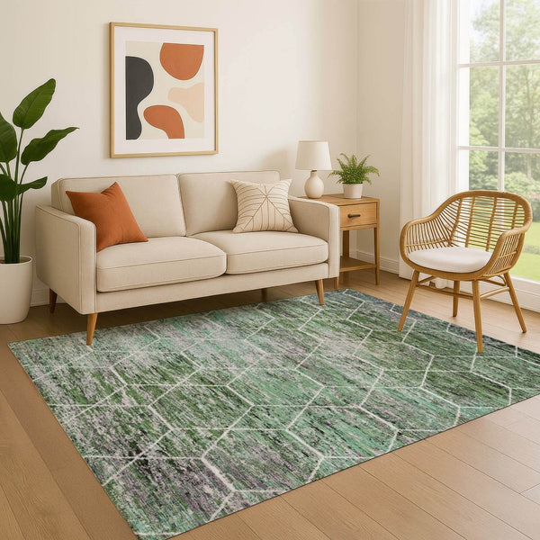 HomeRoots 9' X 12' Stylish Green, Gray & Ivory Geometric Washable Area Rug with UV Protection for Homes 699189