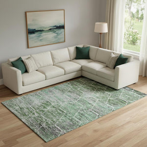 HomeRoots 10' Washable Geometric Area Rug in Green, Gray & Ivory - UV Protected, Pet-Friendly, Durable Design 699190