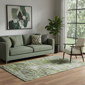 HomeRoots 5' X 8' Washable Olive Green, Gray & Ivory Geometric Area Rug with UV Protection for Modern Homes 699192