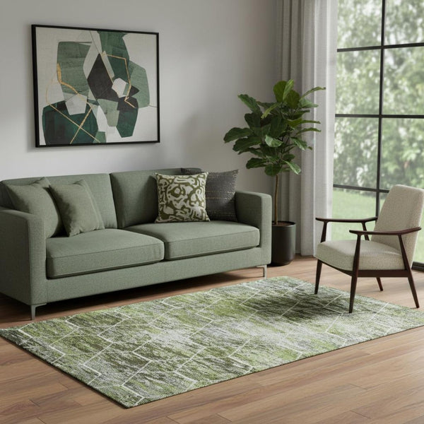 HomeRoots 5' X 8' Washable Olive Green, Gray & Ivory Geometric Area Rug with UV Protection for Modern Homes 699192