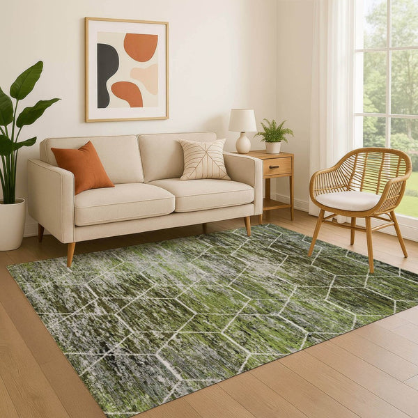 HomeRoots 5' X 8' Washable Olive Green, Gray & Ivory Geometric Area Rug with UV Protection for Modern Homes 699192