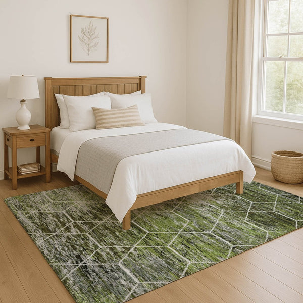 HomeRoots 5' X 8' Washable Olive Green, Gray & Ivory Geometric Area Rug with UV Protection for Modern Homes 699192