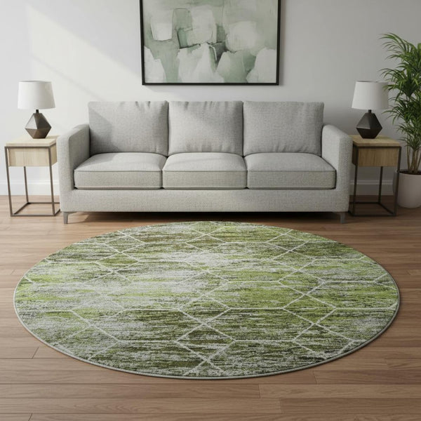 HomeRoots 8' Olive Green Gray Ivory Geometric Round Rug - Washable, Durable, UV-Protected for Modern Spaces 699193