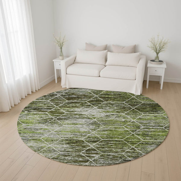 HomeRoots 8' Olive Green Gray Ivory Geometric Round Rug - Washable, Durable, UV-Protected for Modern Spaces 699193