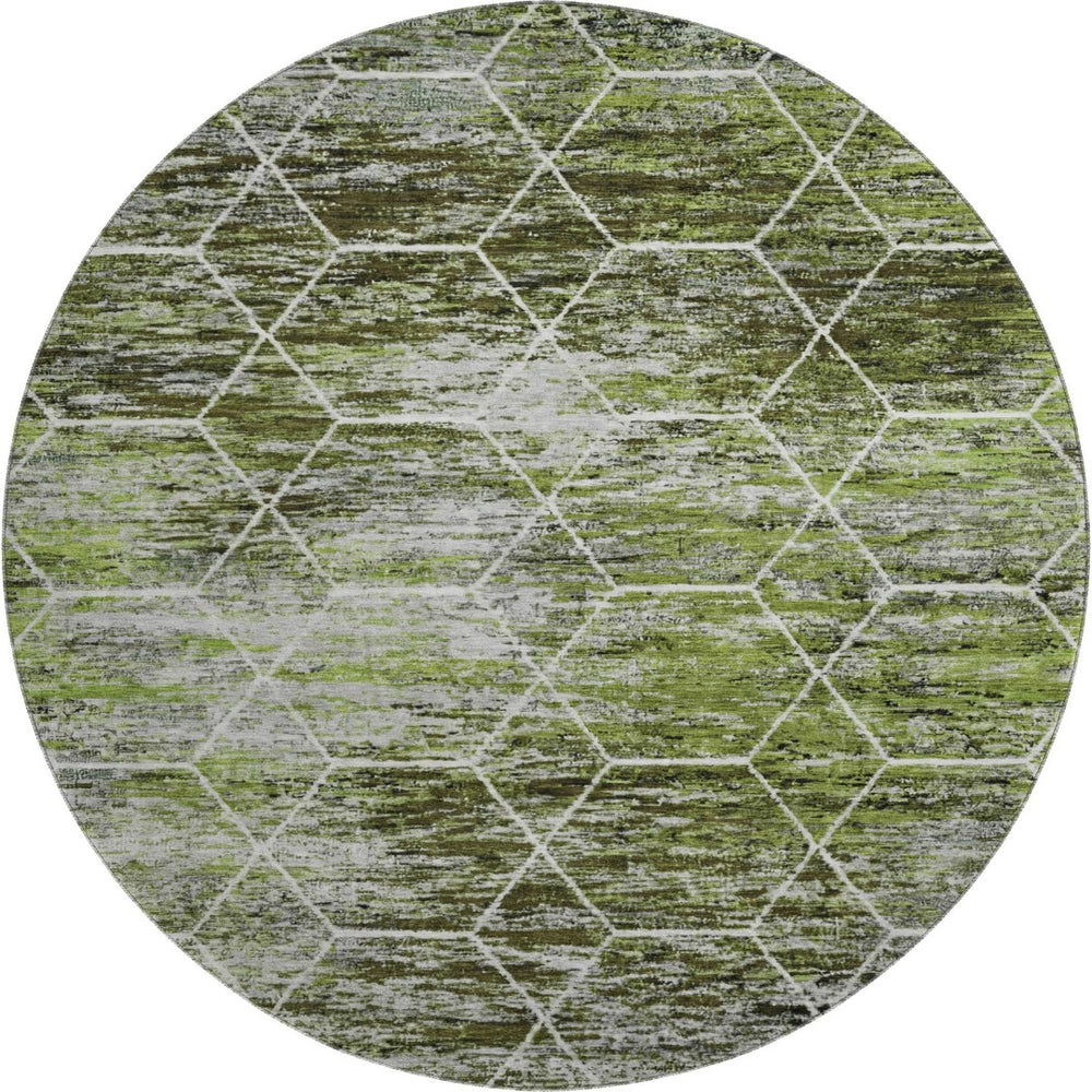 HomeRoots 8' Olive Green Gray Ivory Geometric Round Rug - Washable, Durable, UV-Protected for Modern Spaces 699193