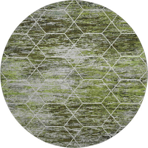 HomeRoots 8' Olive Green Gray Ivory Geometric Round Rug - Washable, Durable, UV-Protected for Modern Spaces 699193