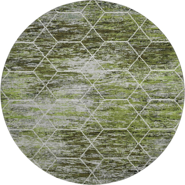 HomeRoots 8' Olive Green Gray Ivory Geometric Round Rug - Washable, Durable, UV-Protected for Modern Spaces 699193