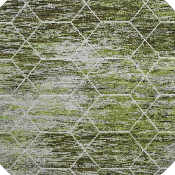 HomeRoots 8' Olive Green Gray Ivory Geometric Round Rug - Washable, Durable, UV-Protected for Modern Spaces 699193