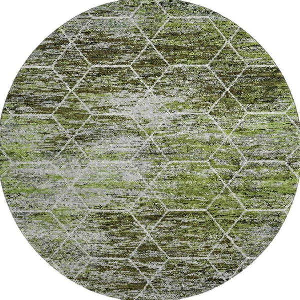 HomeRoots 8' Olive Green Gray Ivory Geometric Round Rug - Washable, Durable, UV-Protected for Modern Spaces 699193