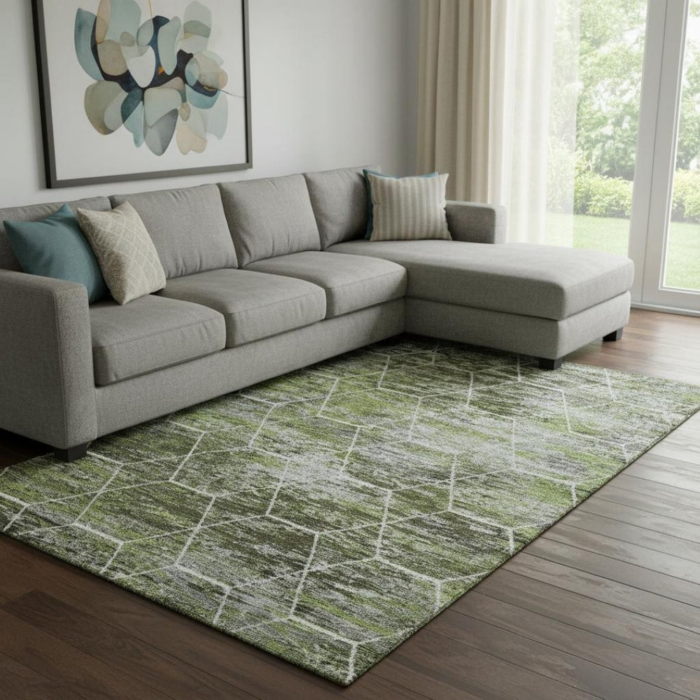 HomeRoots 8' X 10' Stylish Olive Green Gray Ivory Geometric Washable Area Rug with UV Protection & Non-Slip Backing 699194